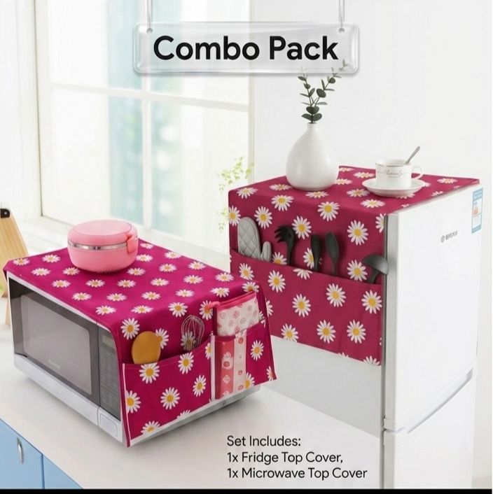 Microwave Oven & Refrigerator Top Cover Combo Pack – Dust-Proof Kitchen Appliance Protectors with Storage Pockets - Random color